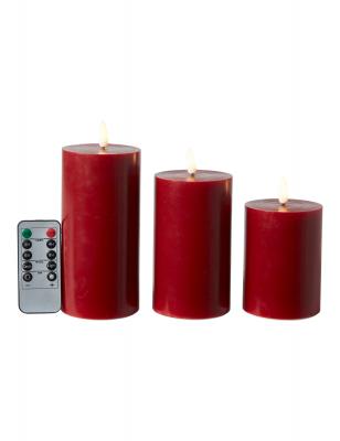 3 LED Bloklys med 3D flamme og fjernbetjening Ø7,5x10+12,5+15 cm - Rød