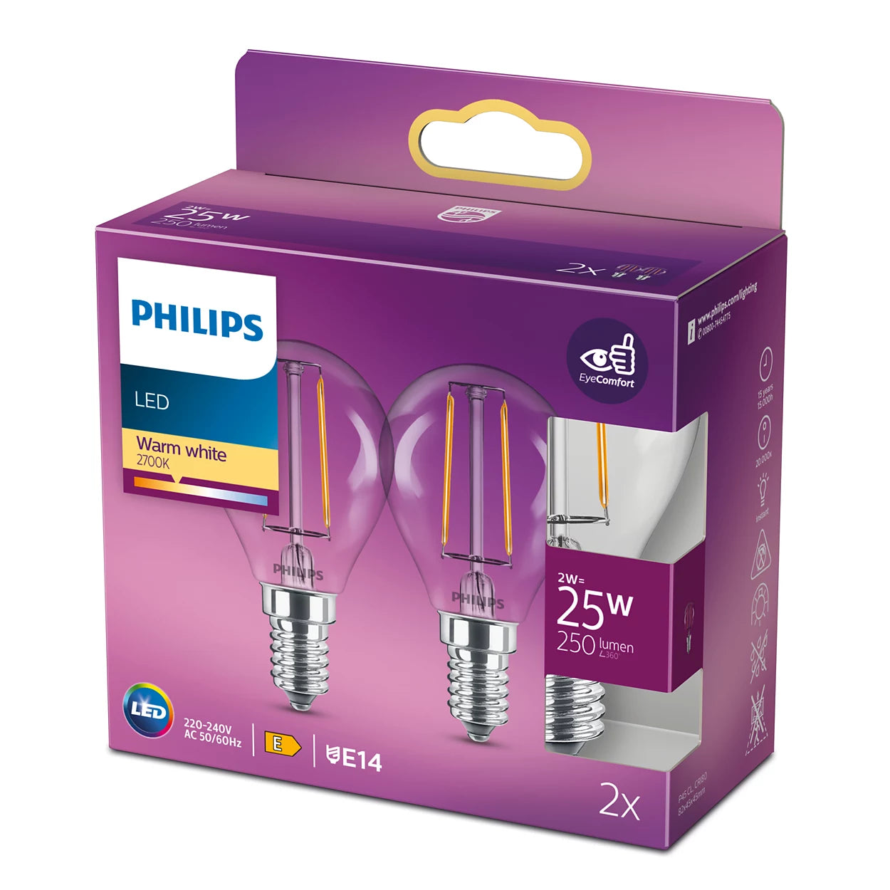 Philips - LED-glaskub 25W E14 matt ND 2-pack