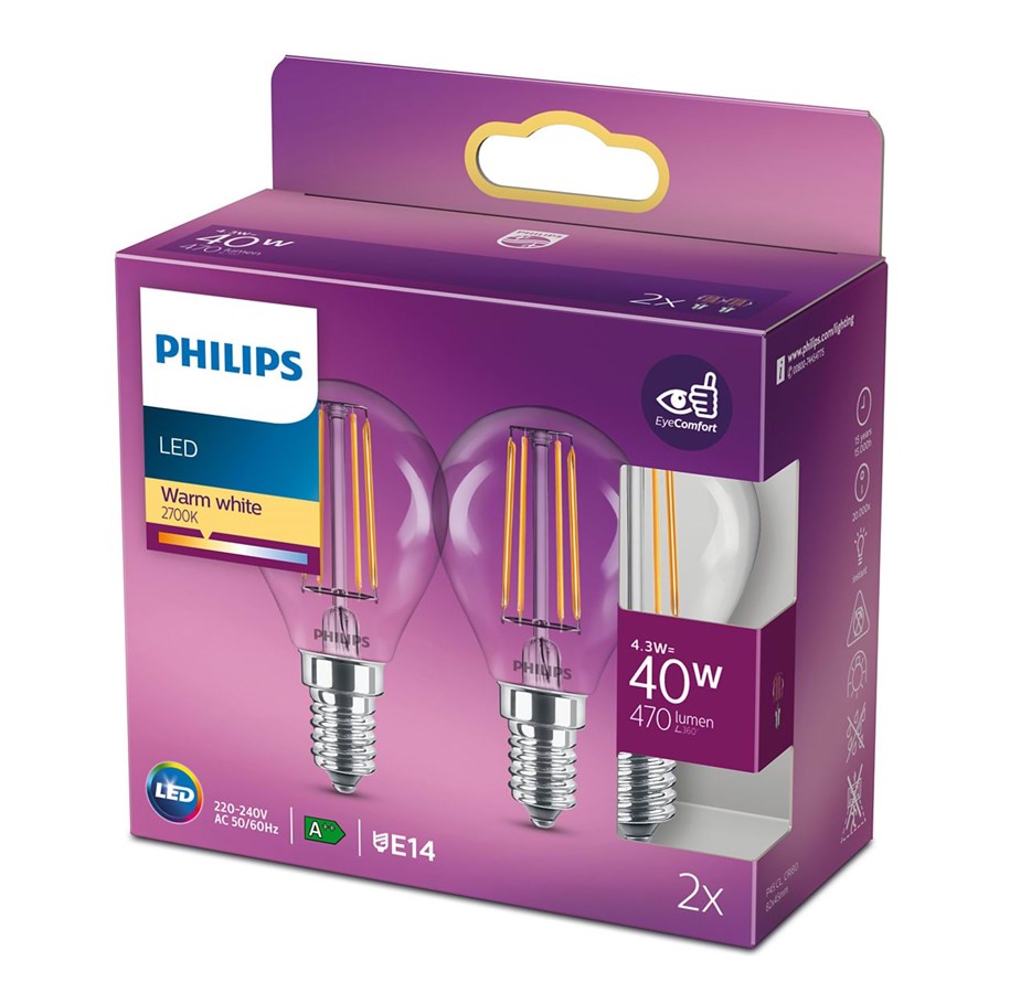 Philips - LED Glas krona glödtråd 40W E14 WW ND 2-pack BOX