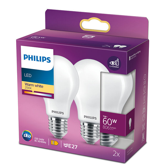 Philips - LED pære (7W)60W E27 - 2 stk