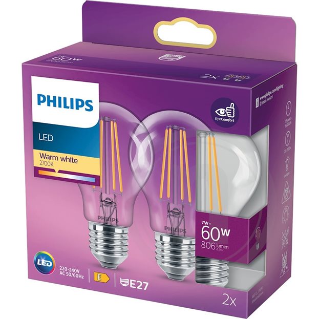 Philips - LED Glas standard filament 60W E27 WW ND 2-pak BOX