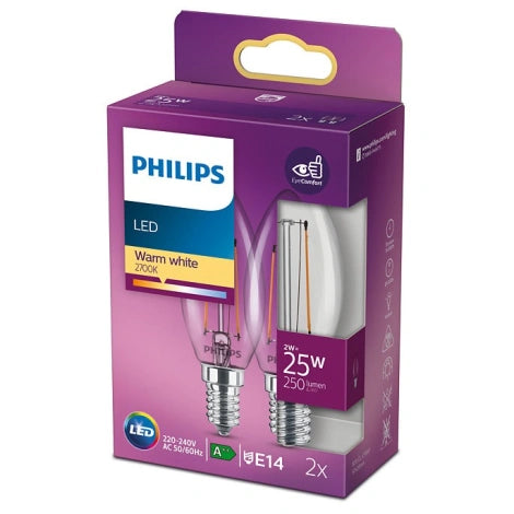 Philips - LED Glas kerte filament 25W E14 WW ND 2-pak BOX